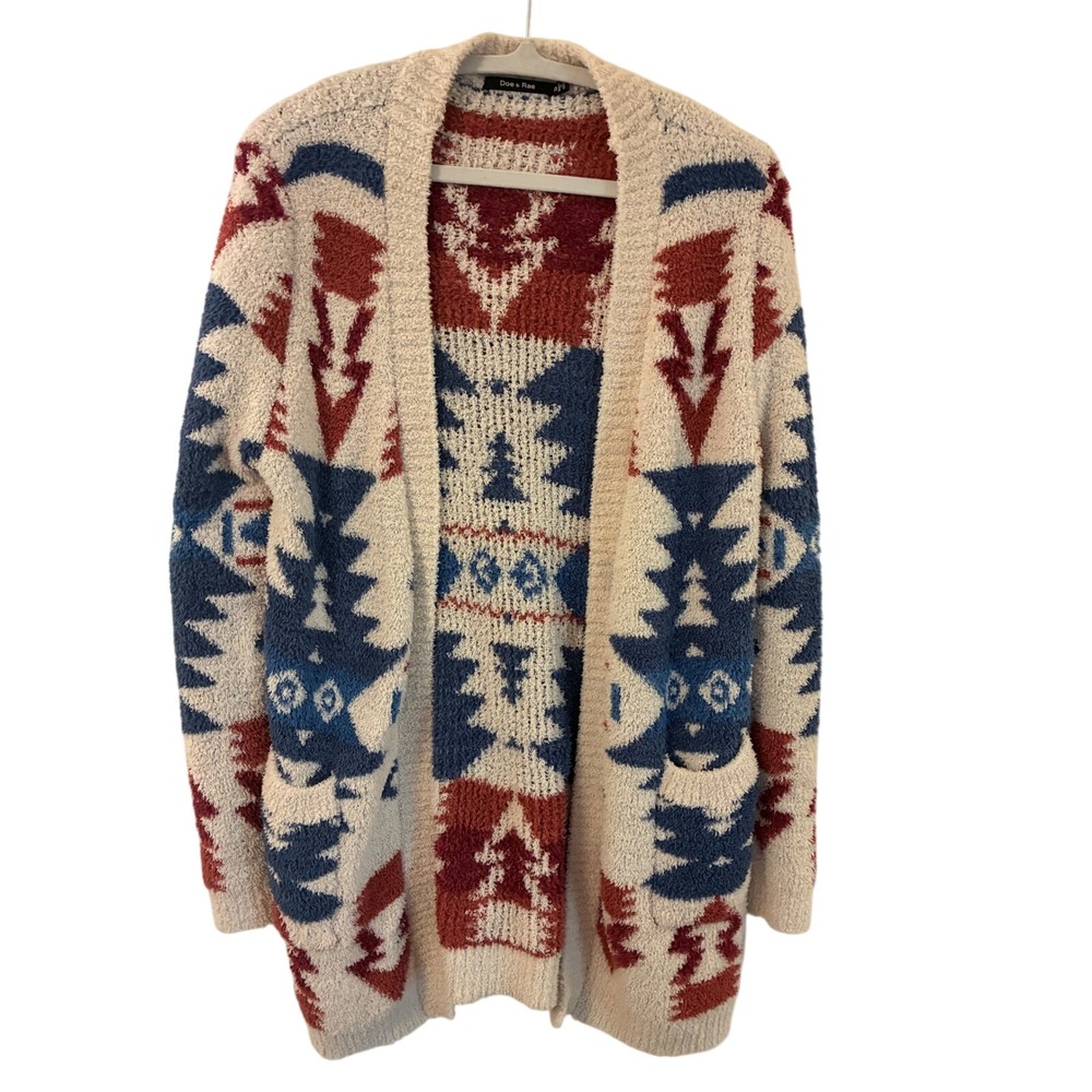 Doe & Rae Women Southwestern Popcorn Knit Open Front Cardigan Red Blue Cream S